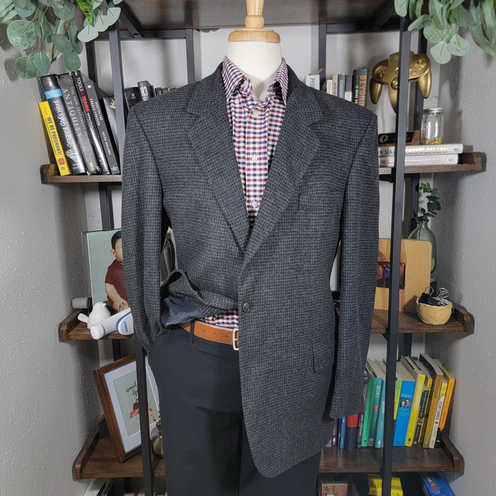 VTG John Weitz Signature Collection Men's Tweed Sport Coat Charcoal Checked 46R